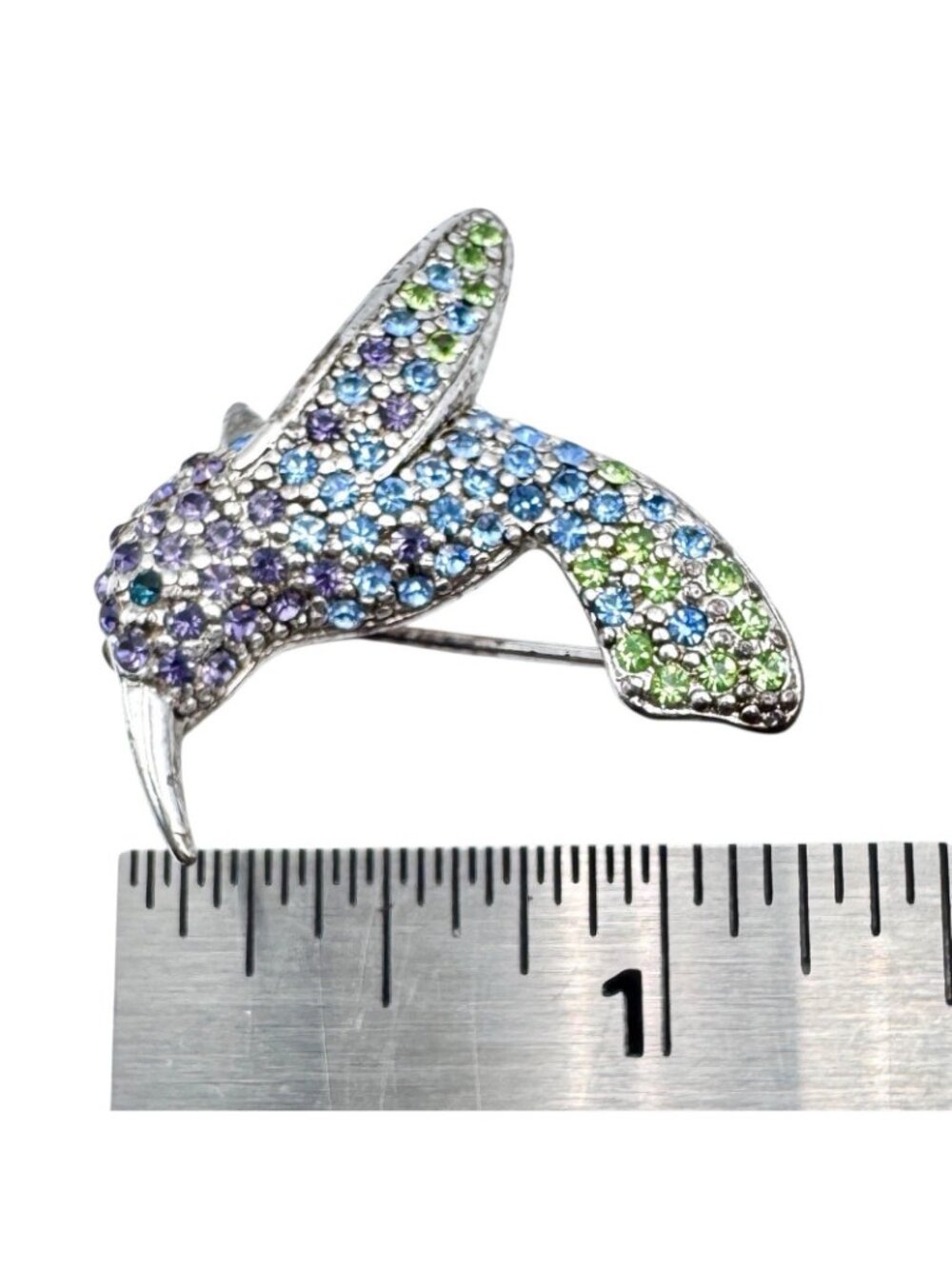 Monet Hummingbird Brooch Pin Silver Tone Pave Purple Blue Green Rhinestones 1" - Picture 15 of 16